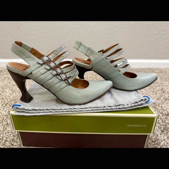 John Fluevog Leather Light Blue Multi Strap Wood Heels Coffee Macchiato Line 8.5 - Picture 5 of 10